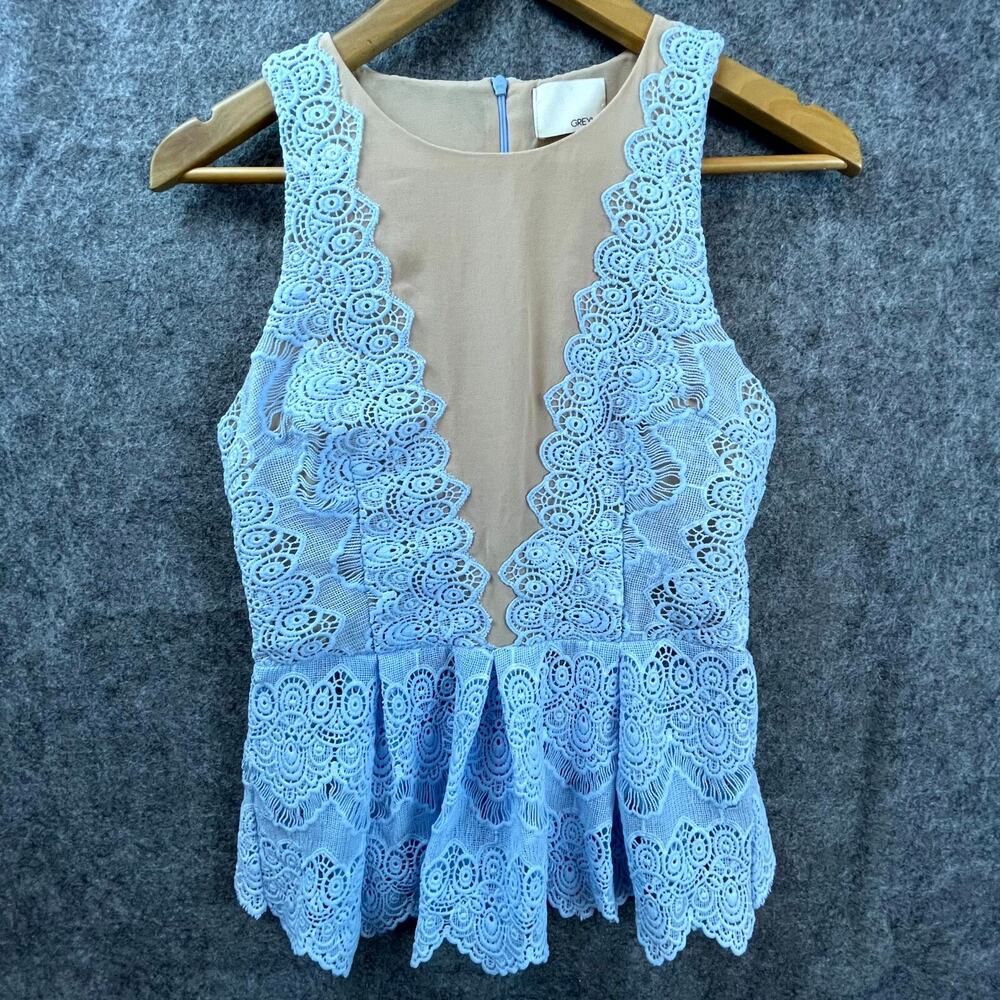 Greylin Peplum Top Womens Small Blue‎ Floral Lace Pastel Deep V Coquette Fairy